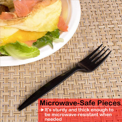 Tithe Heavy Duty Plastic Spoons Knives Forks Black Reusable Mix Cutlery Set