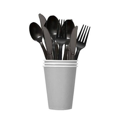 Tithe Heavy Duty Plastic Spoons Knives Forks Black Reusable Mix Cutlery Set
