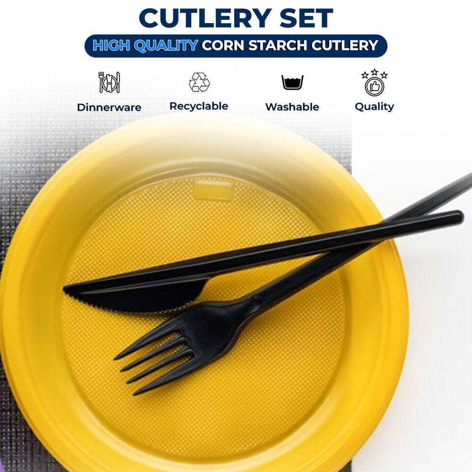 Tithe Heavy Duty Plastic Spoons Knives Forks Black Reusable Mix Cutlery Set