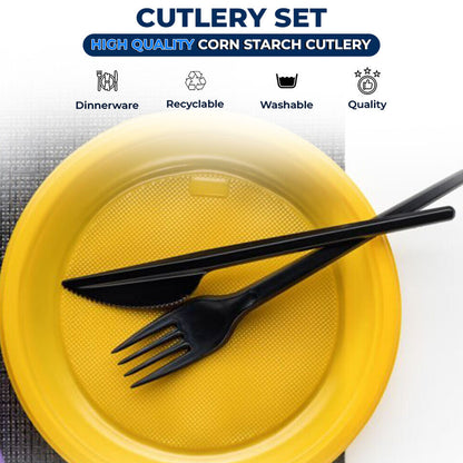 Tithe Heavy Duty Plastic Spoons Knives Forks Black Reusable Mix Cutlery Set