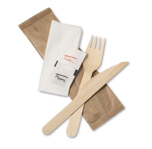 Tithe Wooden Cutlery Set of 5 1 Knife 1 Fork 1 White Napkin 1 Salt 1 Pepper Pack