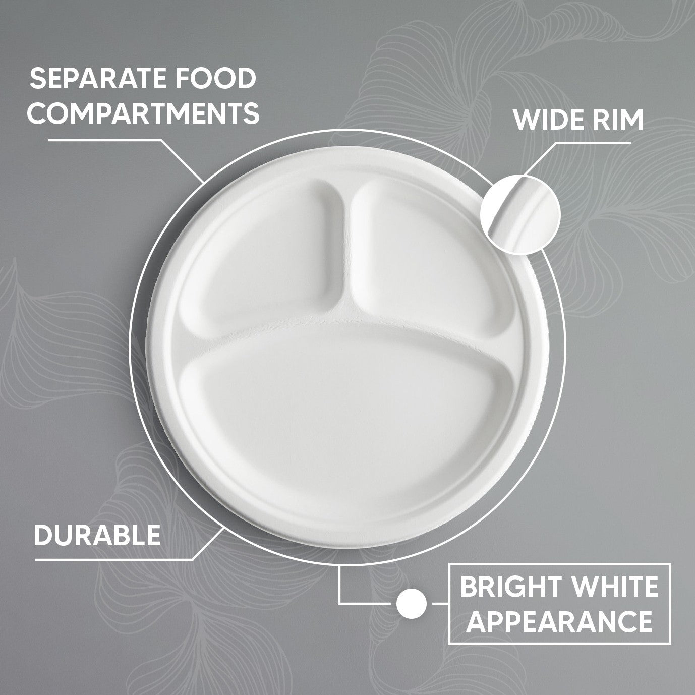 100 x Bagasse Section Plates 10" (26cm) Biodegradable White Compartment Plate
