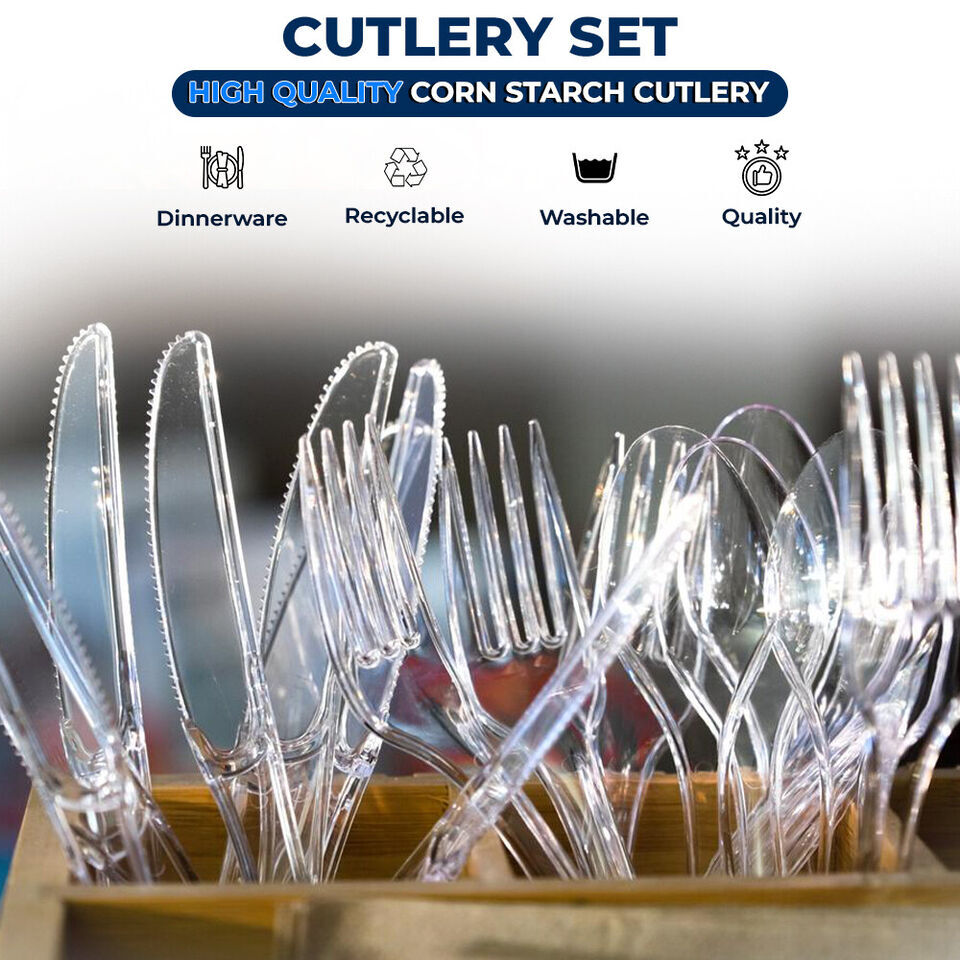 Tithe Heavy Duty Plastic Spoons Knives Forks Clear Reusable Mix Cutlery Set