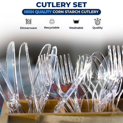 Tithe Heavy Duty Plastic Spoons Knives Forks Clear Reusable Mix Cutlery Set