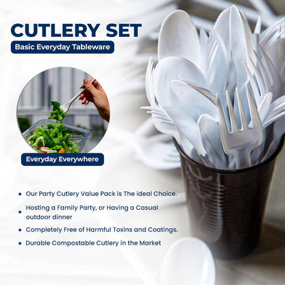 Tithe Heavy Duty Plastic Spoons Knives Forks White Reusable Mix Cutlery Set
