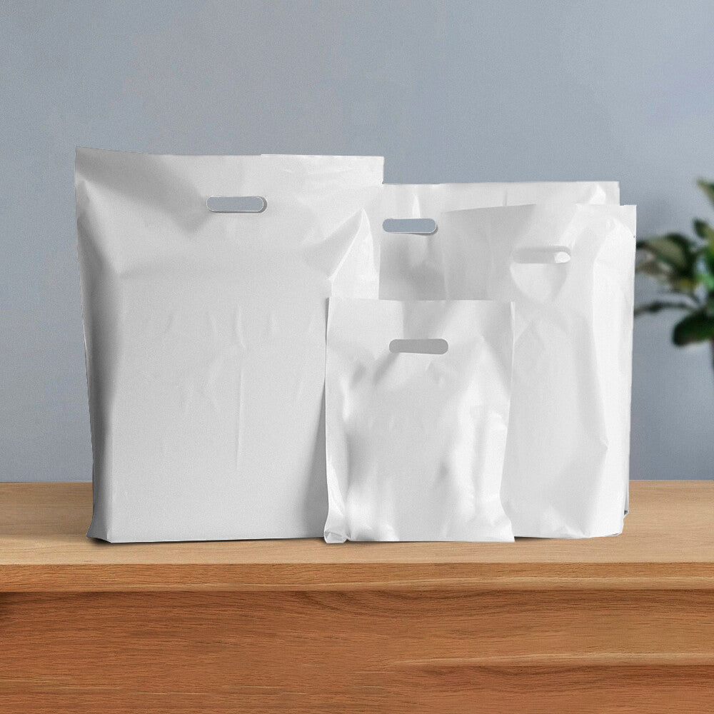 Patch Handle Carrier Bags 10" x 12" x 4" Plastic White Takeaway Cloths Carry Bag