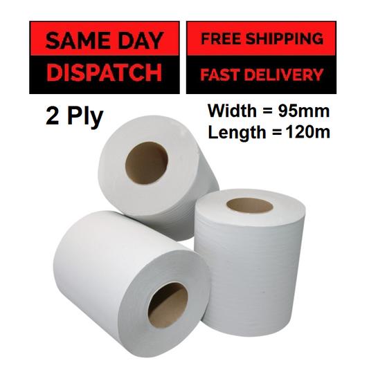 12 x Toilet Paper Roll White Jumbo Industrial Toilet Tissue Roll 2Ply 95mmx120m