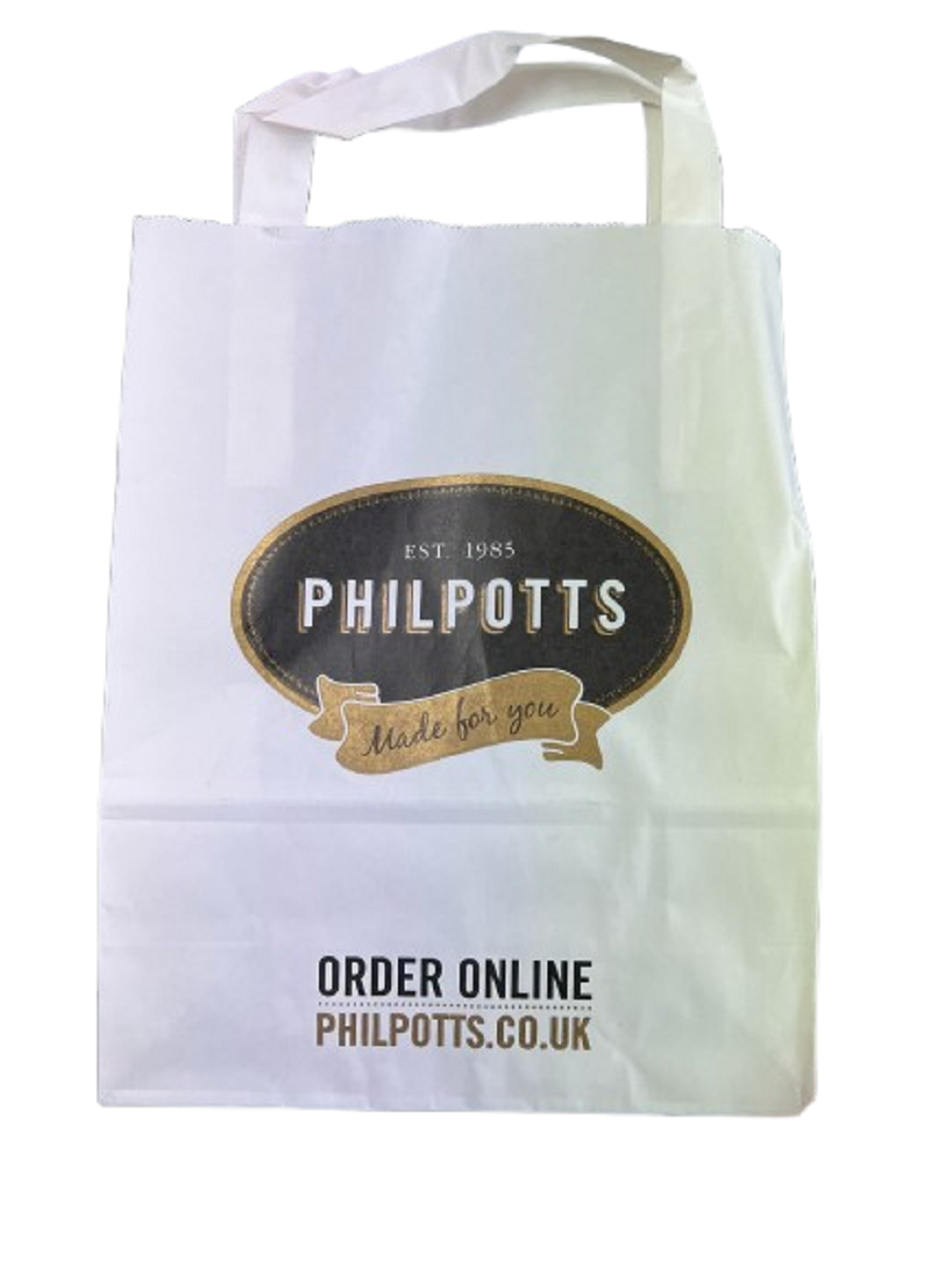 Flat Handle Paper Bags 7" x 9"  White Kraft Paper Bag Phil Potts Misprinted