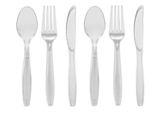 Heavy Duty Plastic Spoons Knives Forks Clear Reusable Mix Cutlery Set