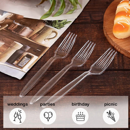 Heavy Duty Plastic Spoons Knives Forks Clear Reusable Mix Cutlery Set