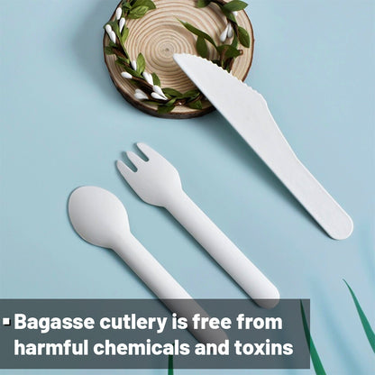 White Biodegradable Bagasse Cutlery Set Lightweight Spoons Forks Knives Set