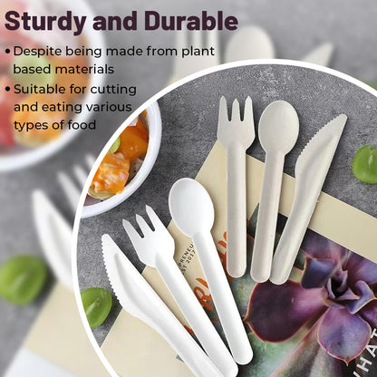 White Biodegradable Bagasse Cutlery Set Lightweight Spoons Forks Knives Set