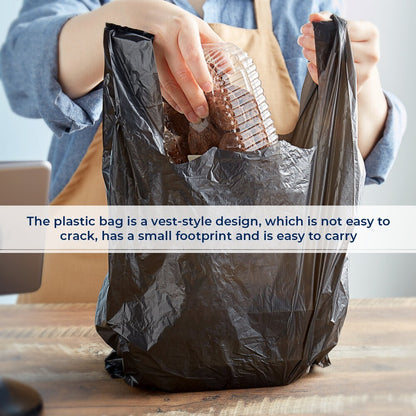 100 x Plastic Vest Style Carrier Bags 11" x 17" x 21" 18mu Black Reusable Bag