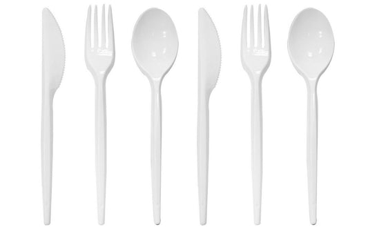 Heavy Duty Plastic Spoons Knives Forks White Reusable Mix Cutlery Set