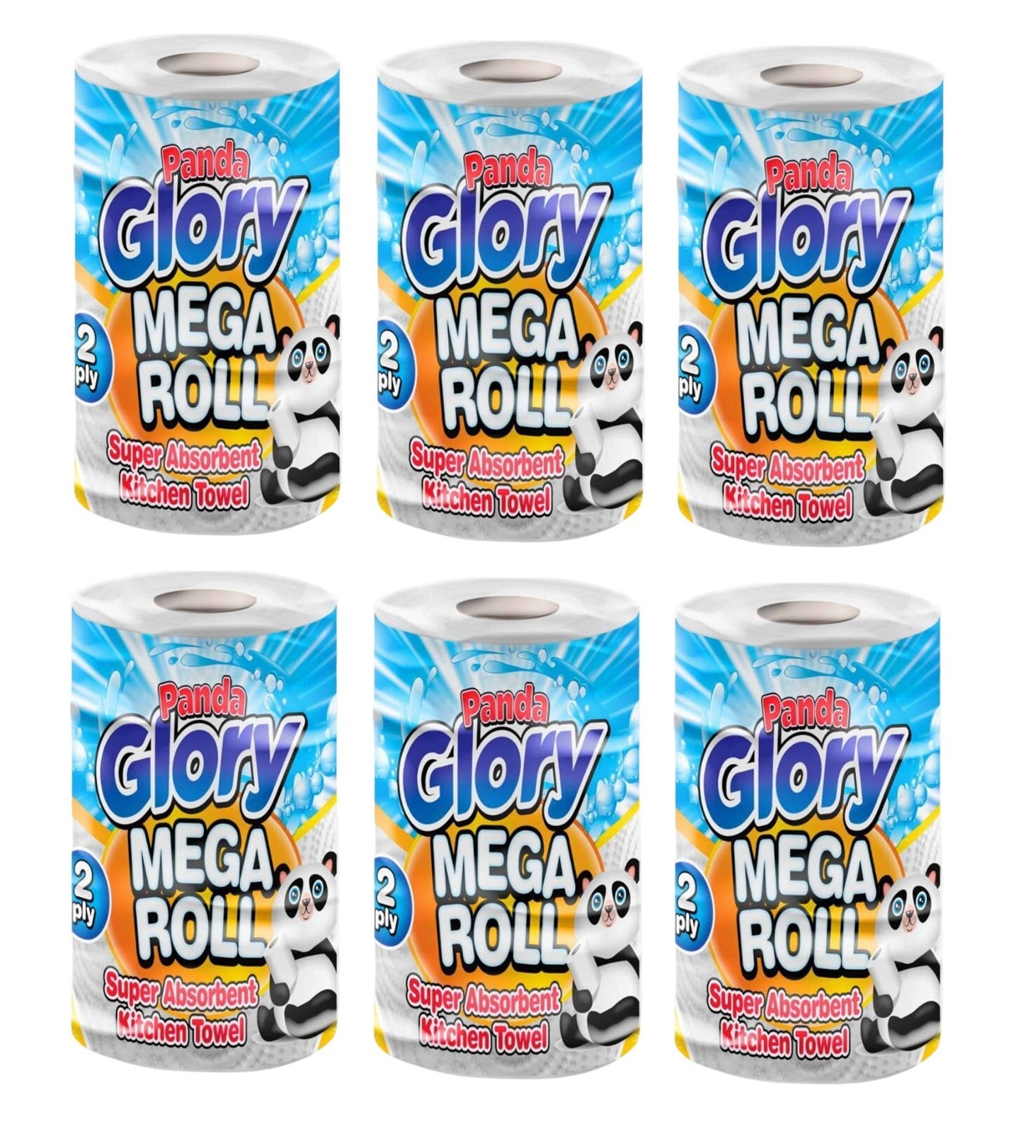 6 x Panda Glory Mega Roll Super Absorbent Kitchen Roll 2Ply for Home Restaurants