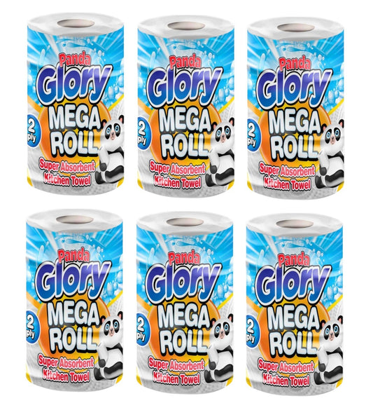 6 x Panda Glory Mega Roll Super Absorbent Kitchen Roll 2Ply for Home Restaurants