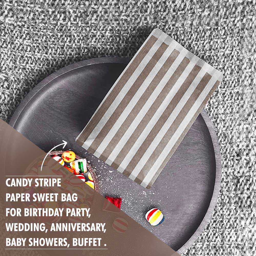 Venuscello® 100 x Candy Bags Brown Striped Sweet Paper Bag 5" x 7" for Sweets Christmas Party Halloween Wedding & Baby Shower