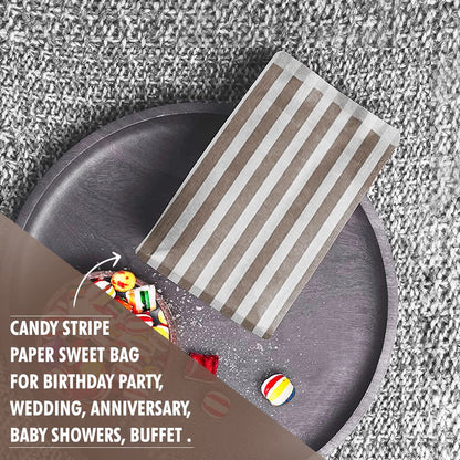 Venuscello® 100 x Candy Bags Brown Striped Sweet Paper Bag 5" x 7" for Sweets Christmas Party Halloween Wedding & Baby Shower