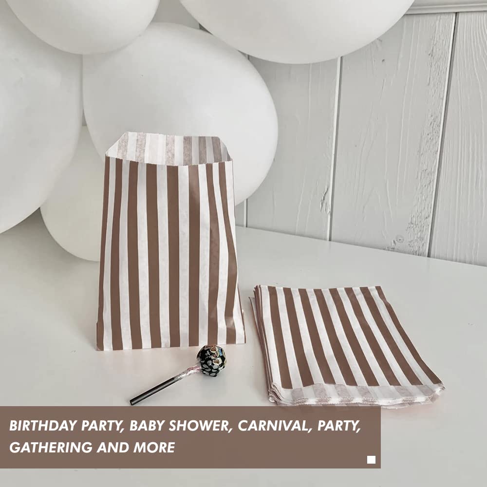 Venuscello® 100 x Candy Bags Brown Striped Sweet Paper Bag 5" x 7" for Sweets Christmas Party Halloween Wedding & Baby Shower