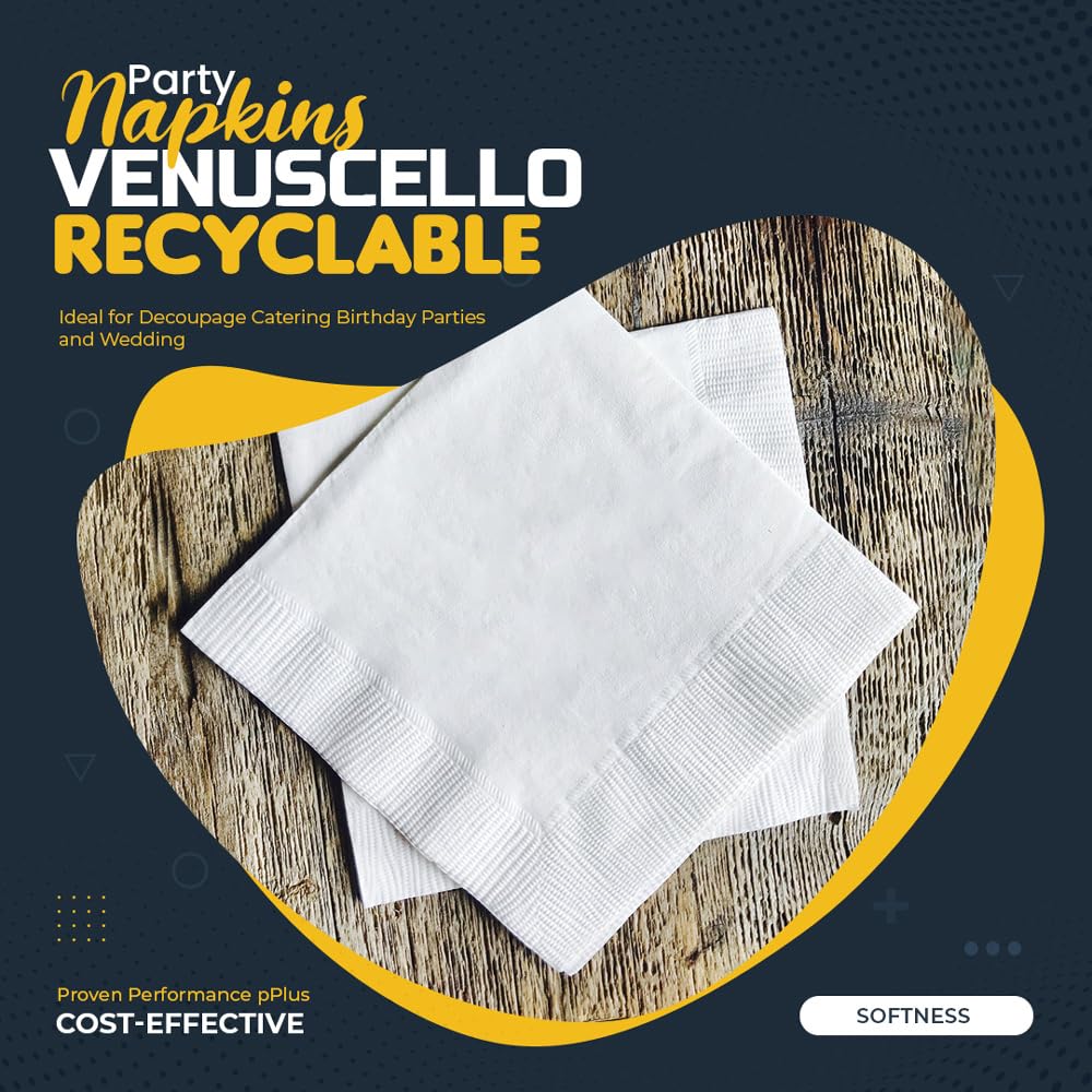 Venuscello® 100 x Paper Napkins White 3-Ply 40cm Serviettes Tissue Paper Disposable Recyclable Napkin for Catering Wedding Birthday Parties Buffet Table