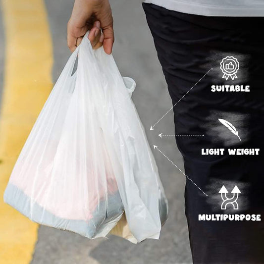 Venuscello® 300 x Vest Style Carrier Bags White Plastic 11" x 17" x 21" 14mu Heavy Duty Carry Bags for Vegetables Fruits Groceries Shopping