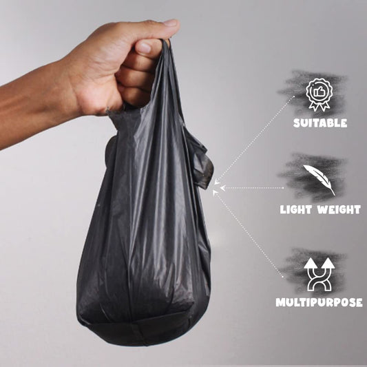 Venuscello® 100 x Vest Style Carrier Bags Black Plastic 8" x 13" x 18" 16mu Heavy Duty Carry Bags for Vegetables Fruits Groceries Shopping