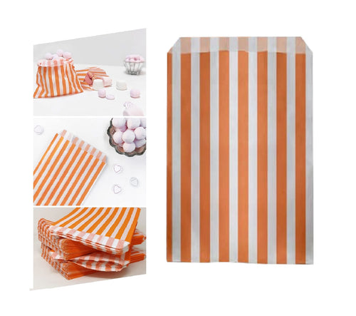 Venuscello® 100 x Candy Bags Orange Striped Sweet Paper Bag 5" x 7" / 12.7 x 17.8cm / 127 x 178mm for Sweets Christmas Party Halloween Wedding & Baby Shower