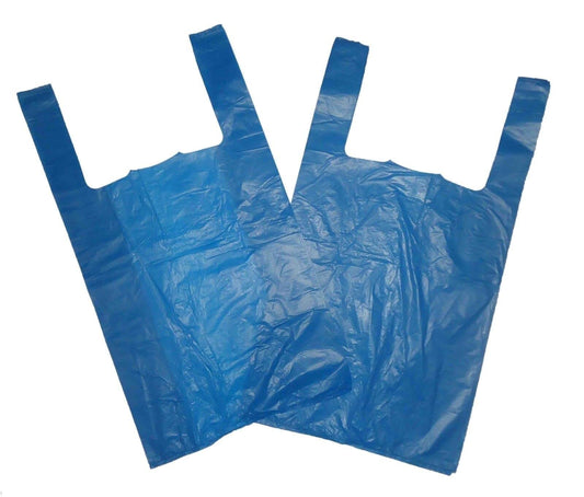 Venuscello® 200 x Vest Style Carrier Bags Blue Plastic 11" x 17" x 21" 18mu Heavy Duty Carry Bags for Vegetables Fruits Groceries Shopping