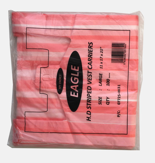Venuscello® 200 x Vest Style Striped Carrier Bags Pink Plastic 11" x 17" x 21" 14mu Heavy Duty Carry Bags for Vegetables Fruits Groceries Shopping