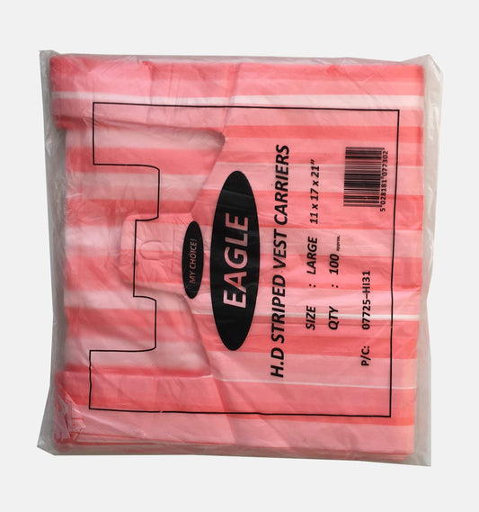 Venuscello® 200 x Vest Style Striped Carrier Pink Bags Plastic 11" x 17" x 21" 14mu Heavy Duty Carry Bags for Vegetables Fruits Groceries Shopping