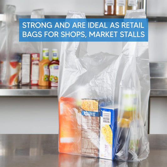 Venuscello® 1000 x Vest Style Carrier Bags White Plastic 8" x 13" x 18" Heavy Duty Carry Bags for Vegetables Fruits Groceries Shopping