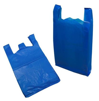 Venuscello® 100 x Vest Style Carrier Bags Blue Plastic 11" x 17 x 21" 12mu Heavy Duty Carry Bags for Vegetables Fruits Groceries Shopping