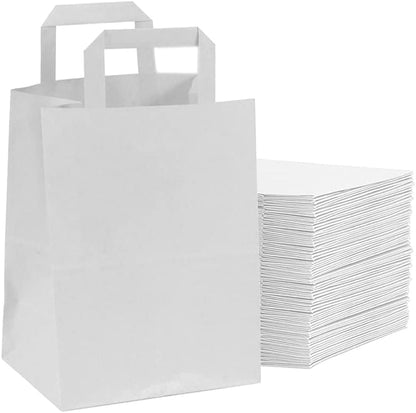 Venuscello® 100 x Paper Bags with Handles Food Takeaway White Kraft Flat Carrier Use for Bar Restaurants Picnic Shopping Party Jewellery - 10" x 12" x 5.3" Large