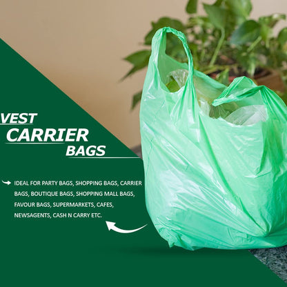 Venuscello® 300 x Vest Style Carrier Bags Green Plastic 11" x 17" x 21" 18mu Heavy Duty Carry Bags for Vegetables Fruits Groceries Shopping