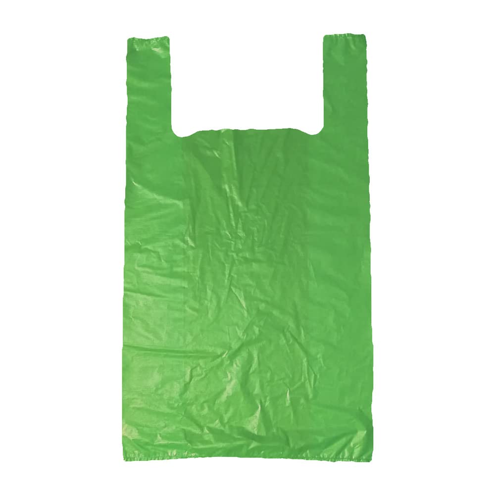 Venuscello® 300 x Vest Style Carrier Bags Green Plastic 11" x 17" x 21" 18mu Heavy Duty Carry Bags for Vegetables Fruits Groceries Shopping