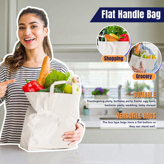 Venuscello® 100 x Paper Bags with Handles Takeaway SOS Food Carrier White Kraft Bag Flat Handle for Food Sweet Gifts Shopping Cloths Jewellery - 7" x 9" x 3.5"