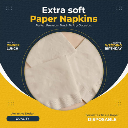 Venuscello 100 Pack Cream Paper Napkins 2-Ply 33cm Disposable Table Napkins - Soft and Strong Paper Serviettes for All Occasions - Everyday Tissues for Cleaning Spills & Wiping Surfaces
