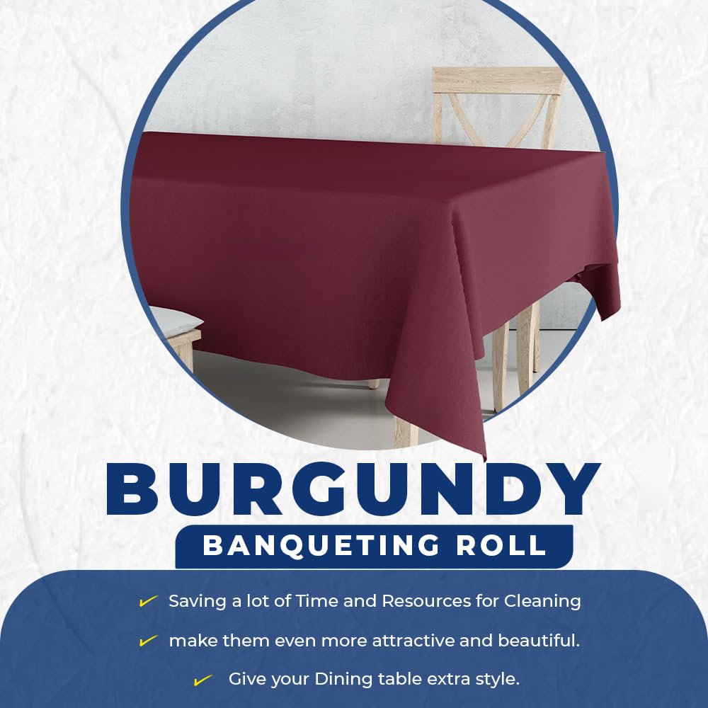 Venuscello® 8M Burgundy Banqueting Roll Tablecloth Paper Table Cover Roll for Wedding Party at Home Buffet Dinner and Ideal Solution to Protect Dining Table