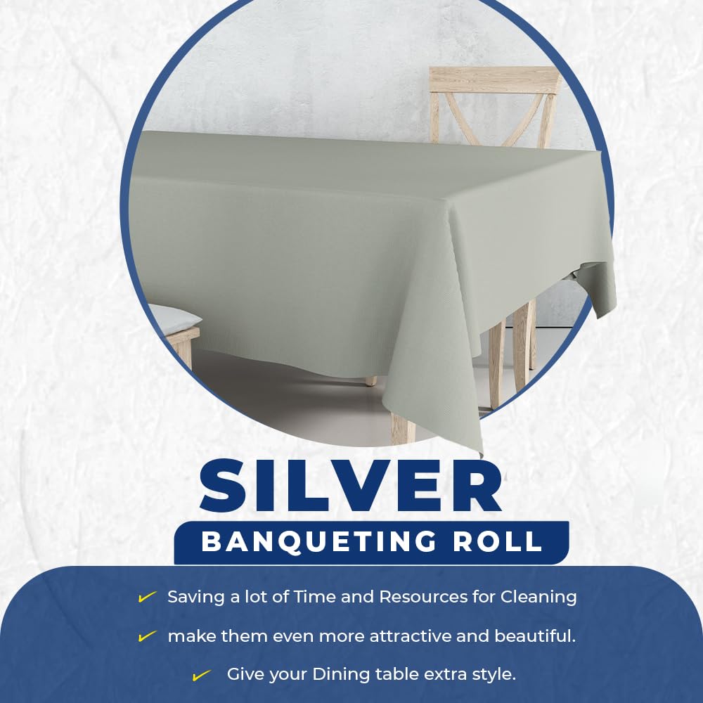 Venuscello® Silver Banquet Roll 8m x 120cm Paper Banqueting Table Cover for Wedding Buffet Dinner Home Large Disposable Table Paper Cloth