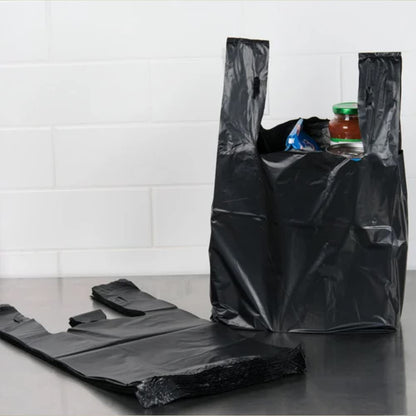 Venuscello® 1000 x Vest Style Carrier Bags Black Plastic 16" x 24" x 30" Heavy Duty Carry Bags for Vegetables Fruits Groceries Shopping