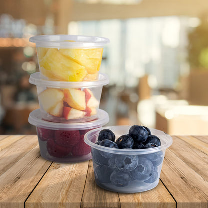 Venuscello® Clear Round Food Container Portion Tub Chutney Cup with Lids Plastic Sauce Pots Microwave Freezer & Dishwasher Safe for Store Frozen Food Meal Prep