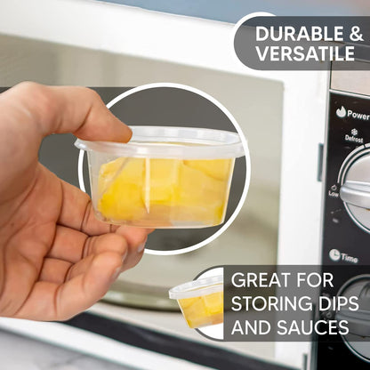 Venuscello® Clear Round Food Container Portion Tub Chutney Cup with Lids Plastic Sauce Pots Microwave Freezer & Dishwasher Safe for Store Frozen Food Meal Prep