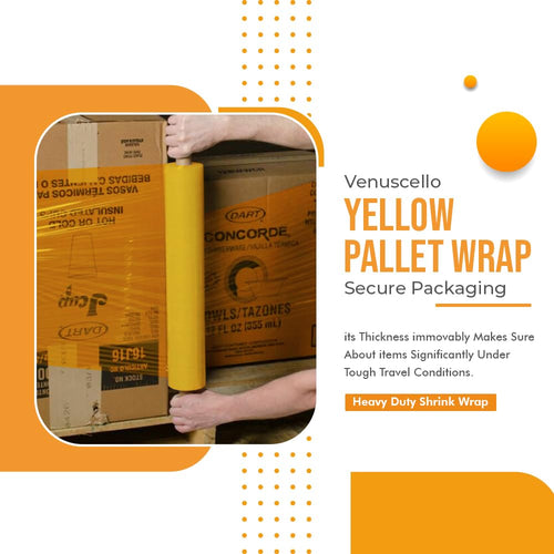 Venuscello® Pallet Stretch Wrapping Roll 400mm x 200m 20mu Yellow Extended Core Heavy Duty Shrink Wrap for Secure Packaging & Moving