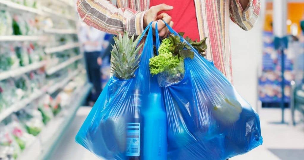 Venuscello® 100 x Vest Style Carrier Bags Blue & Black Plastic Polythene for Shopping, Vegetables, Fruits & Groceries - 16" x 24" x 30" 22 mu