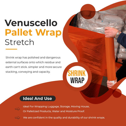 Venuscello 1 Roll x 400mm Pallet Wrap Orange Stretch Shrink Wrapping Roll | Extended Core 25mu Thick, 200m Cling Film | Water Proof & Tear Resistant for Secure Industrial Packaging