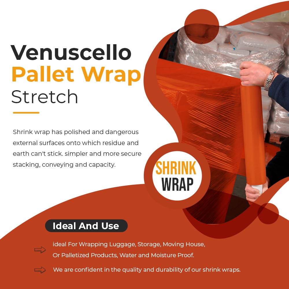 Venuscello 400mm Pallet Wrap Orange Stretch Shrink Wrapping Roll | Extended Core 25mu Thick, 200m Cling Film | Water Proof & Tear Resistant for Secure Industrial Packaging & House Moving