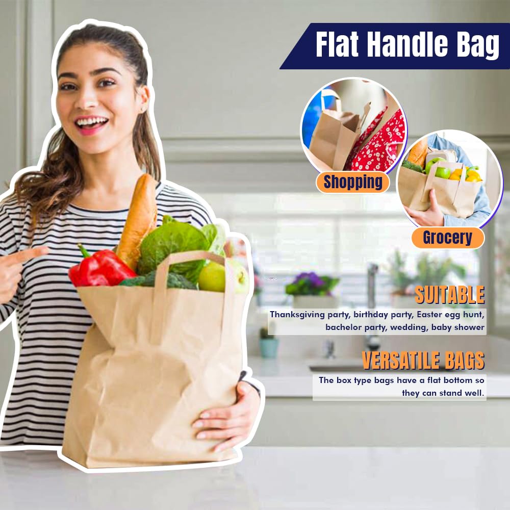 Venuscello® Brown Food Takeaway Kraft Paper Carrier Bags with Flat Handles Use for Bar Restaurants Grocery Picnic Shopping Party Jewellery