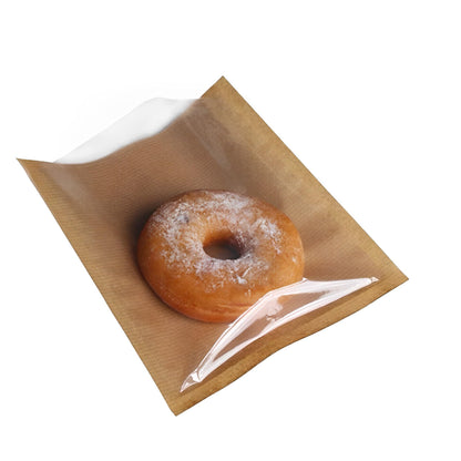 Venuscello® Film Front Cellophane Paper Clear Window Bag for Sandwich, Cake, Chocolate, Dessert, Cookies, Sweets & Other Foods - Brown