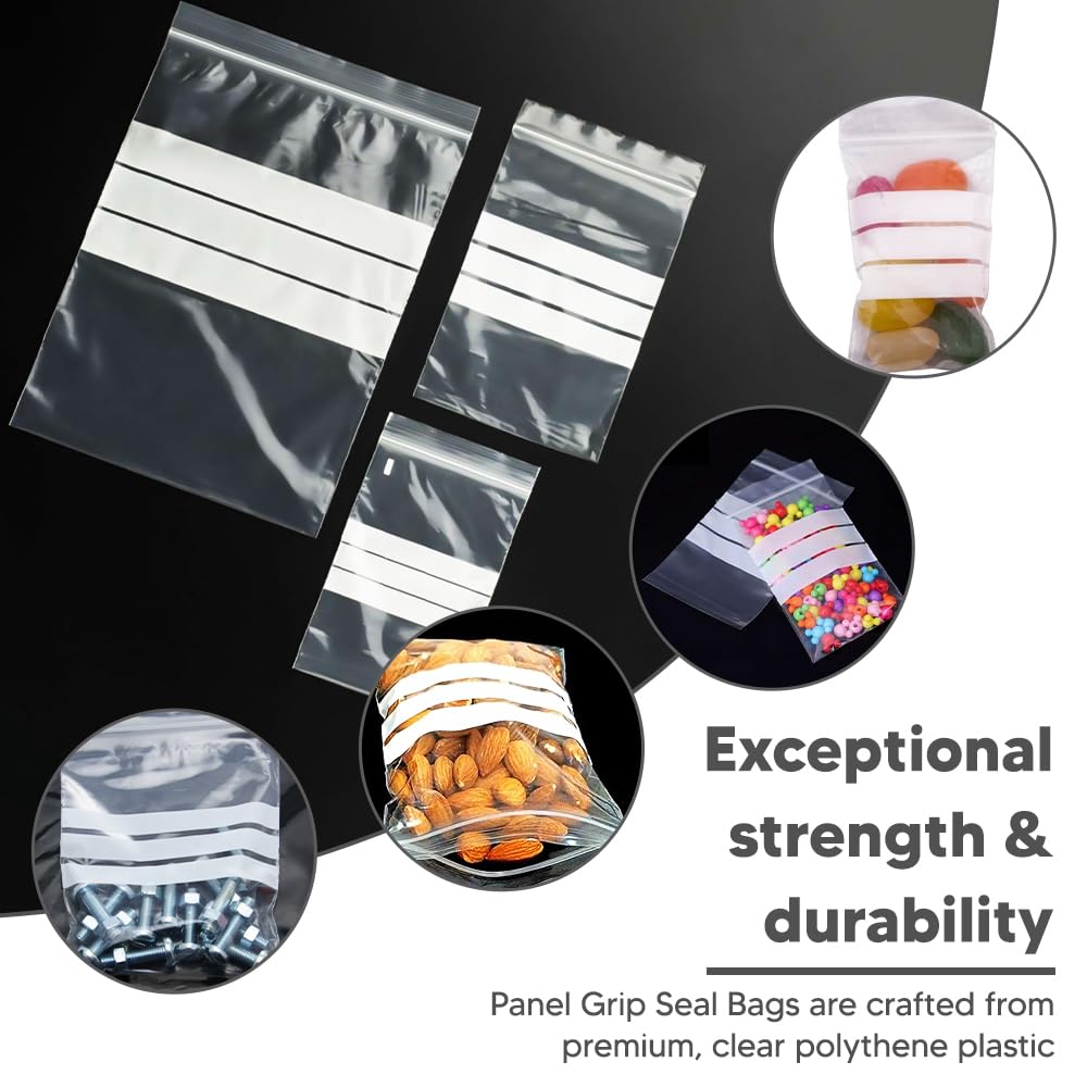 Venuscello Write on Panel Grip Seal Clear Plastic Polythene Resealable Ziplock Bags for Cookies, Jewelry & Food Storage