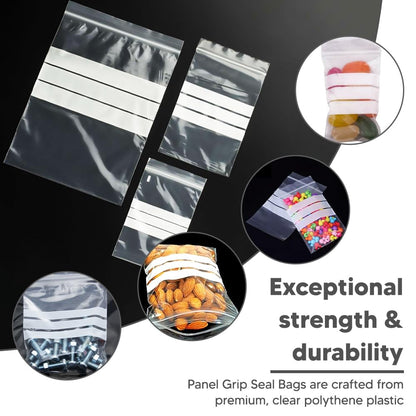 Venuscello Write on Panel Grip Seal Clear Plastic Polythene Resealable Ziplock Bags for Cookies, Jewelry & Food Storage